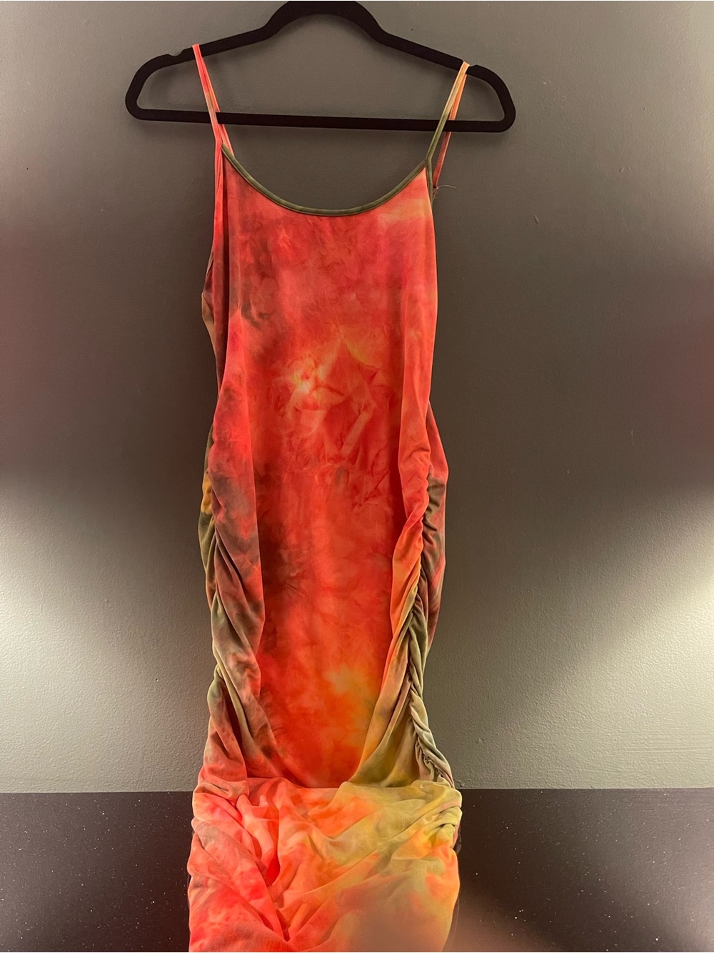 Heart Hips Tie-Dye Ruched Slip Dress - Red, Yellow & Green